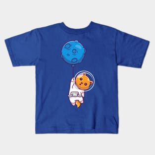 Cute Cat Astronaut Floating And Holding Balloon Cartoon Kids T-Shirt